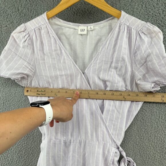 Gap Linen Cotton Stripe Ruffle Wrap Dress Purple White Small TALL - Picture 8 of 16